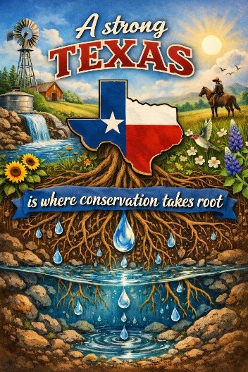 The image features a colorful illustration promoting conservation in Texas, highlighting nature, water, and agriculture.
