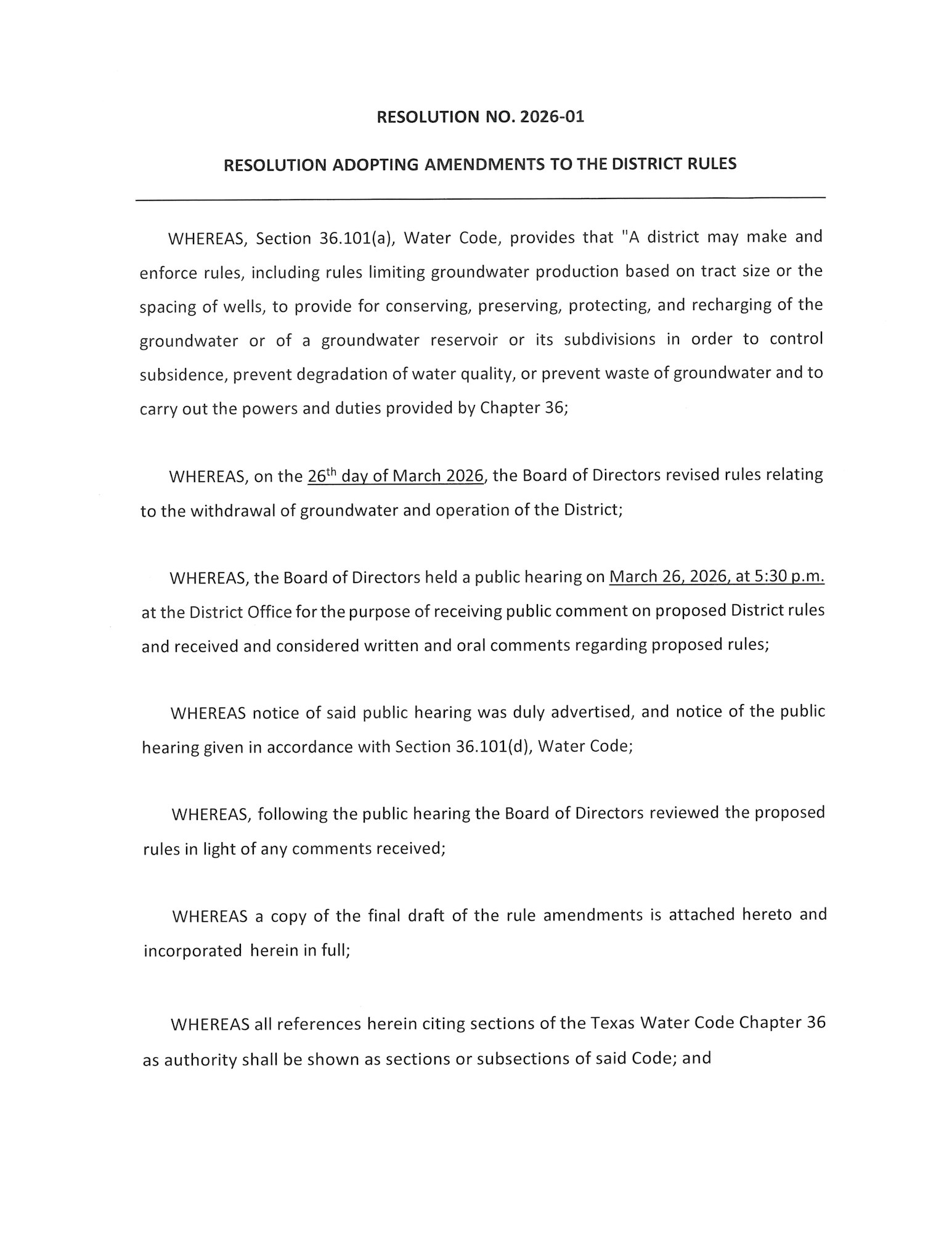 The image contains a resolution adopting amendments to district rules regarding groundwater management and related public hearings.