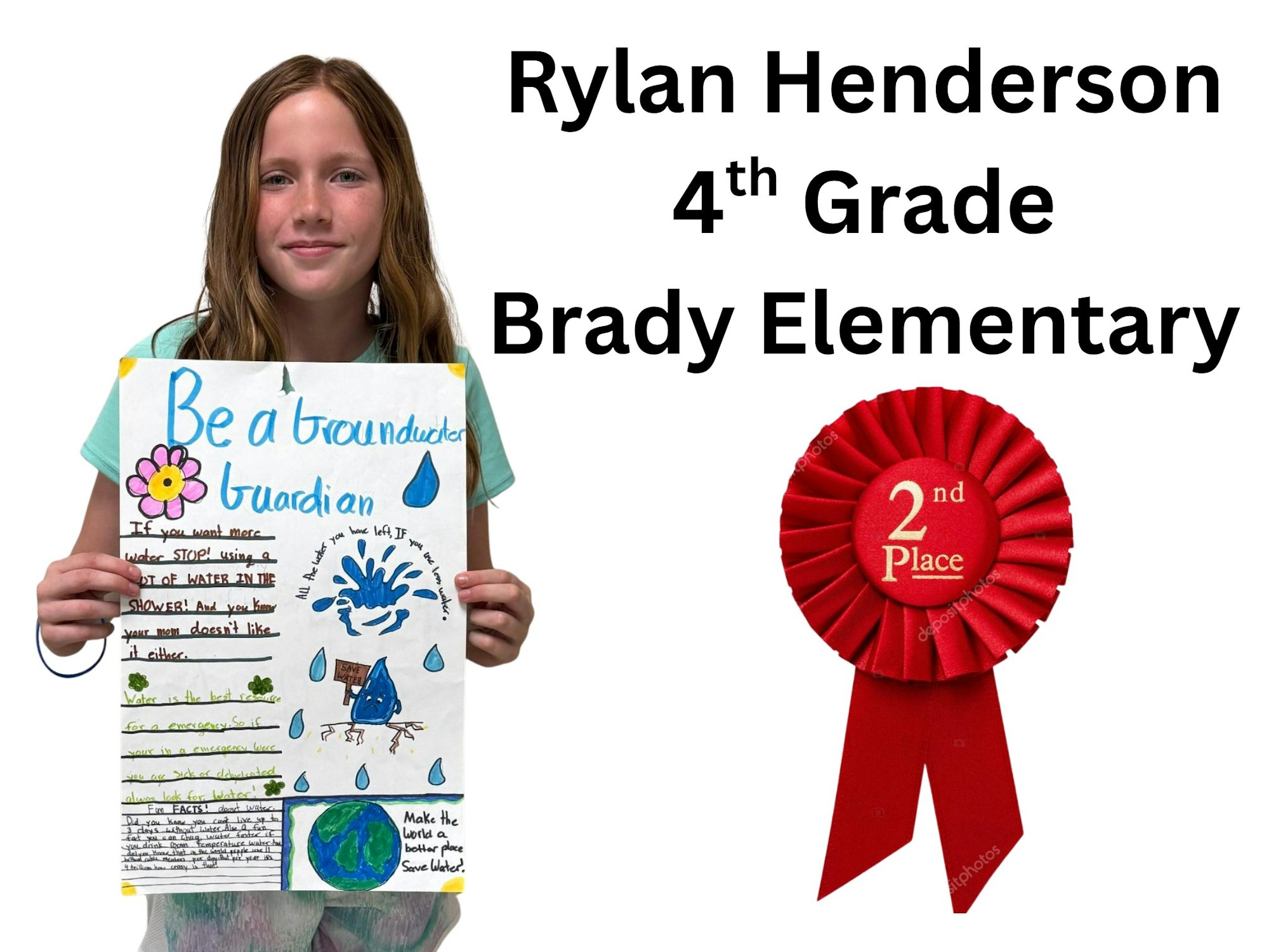 A student holds a poster on groundwater conservation, winning 2nd place in a contest at Brady Elementary, named Rylan Henderson.