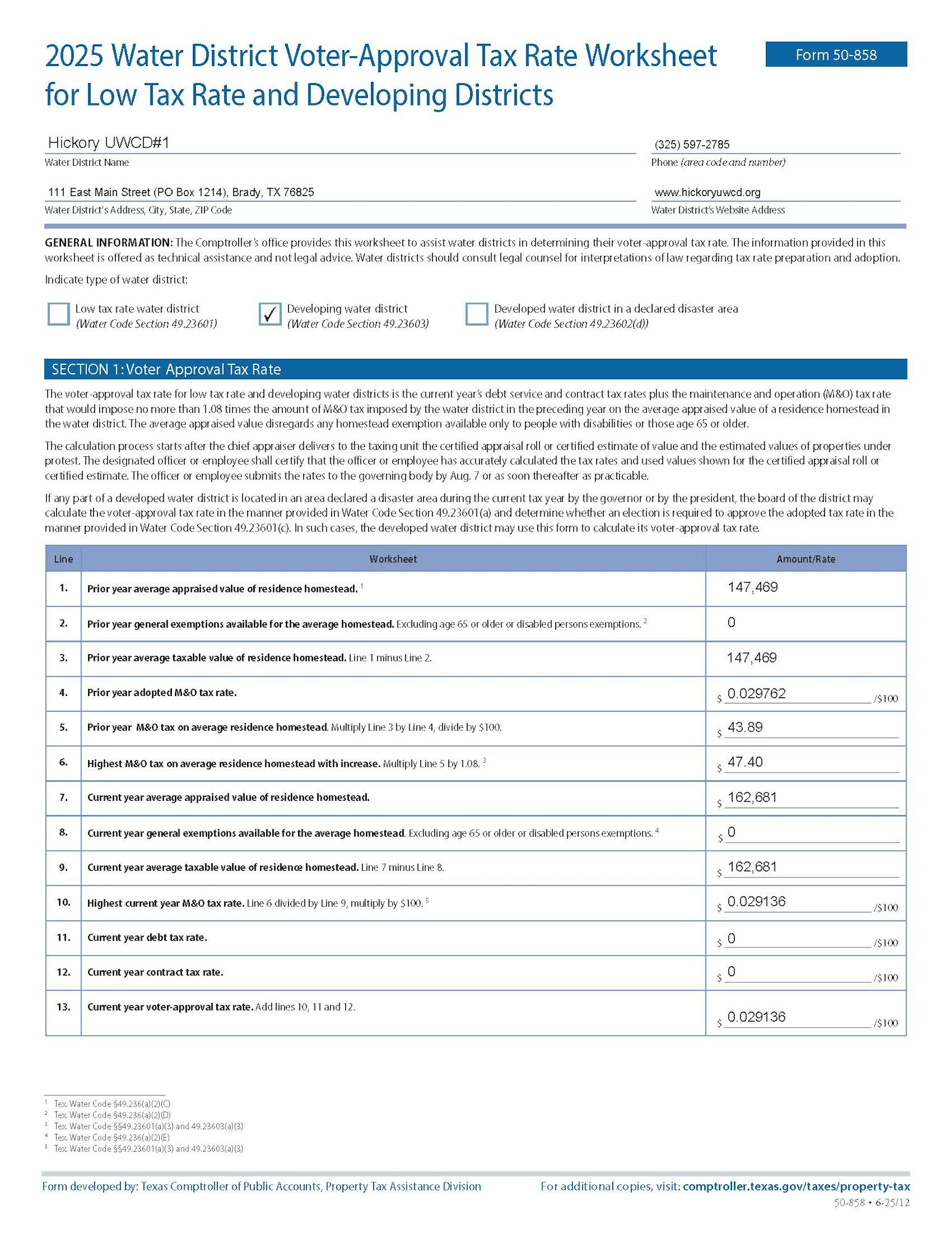 Tax worksheet for Hickory UWCD#1 with calculations on voter-approval tax rates for water districts, showing appraisal values and tax rates.