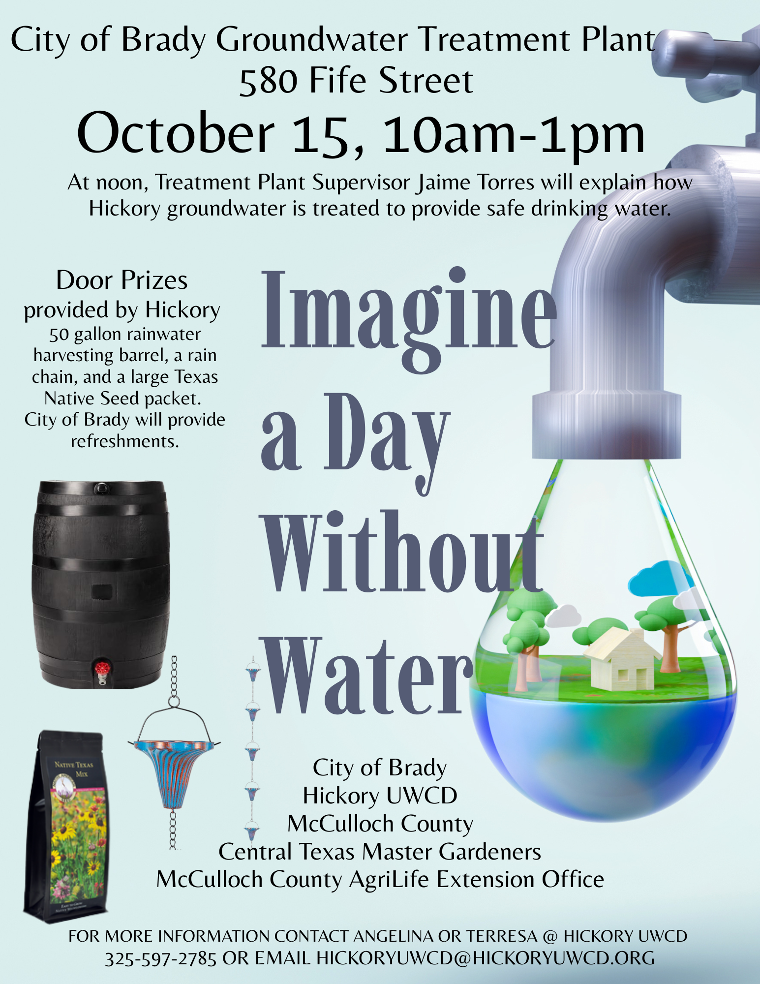 Event at Brady Groundwater Treatment Plant on Oct 15, 10am-1pm. Features info on groundwater treatment, prizes, and refreshments.