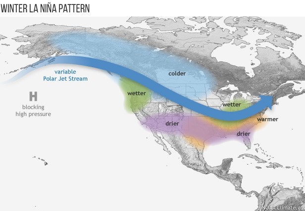 Map showing the winter La Niña weather pattern with regions of colder, warmer, wetter, and drier conditions.