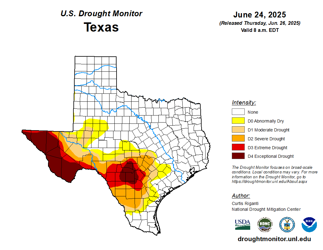 Texas drought map (June 24, 2025) shows varying drought intensities from abnormally dry to exceptional across the state.