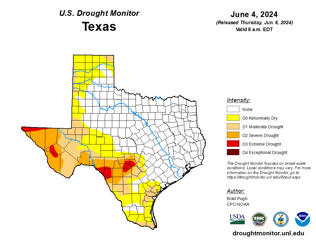 Map showing drought conditions in Texas with varying intensity levels, dated June 4, 2024.