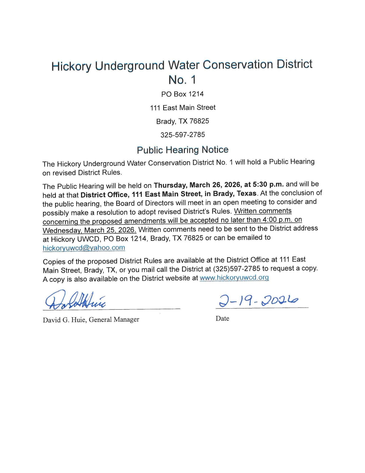 Public hearing notice for Hickory Underground Water Conservation District on March 26, 2026, regarding revised District Rules.