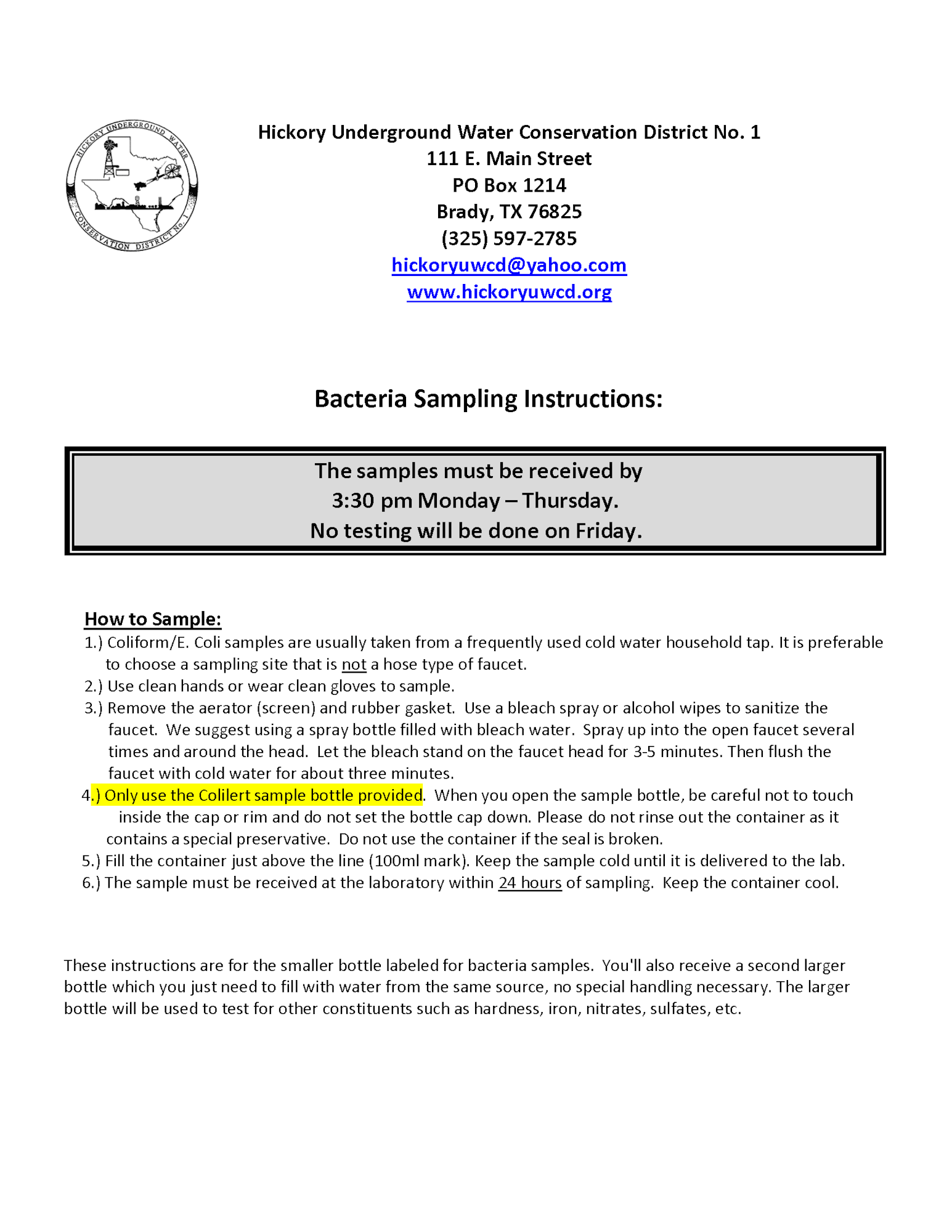 Bacteria sampling instructions from Hickory Water Conservation, including sample handling guidelines. Samples due by 3:30 pm Mon-Thurs.