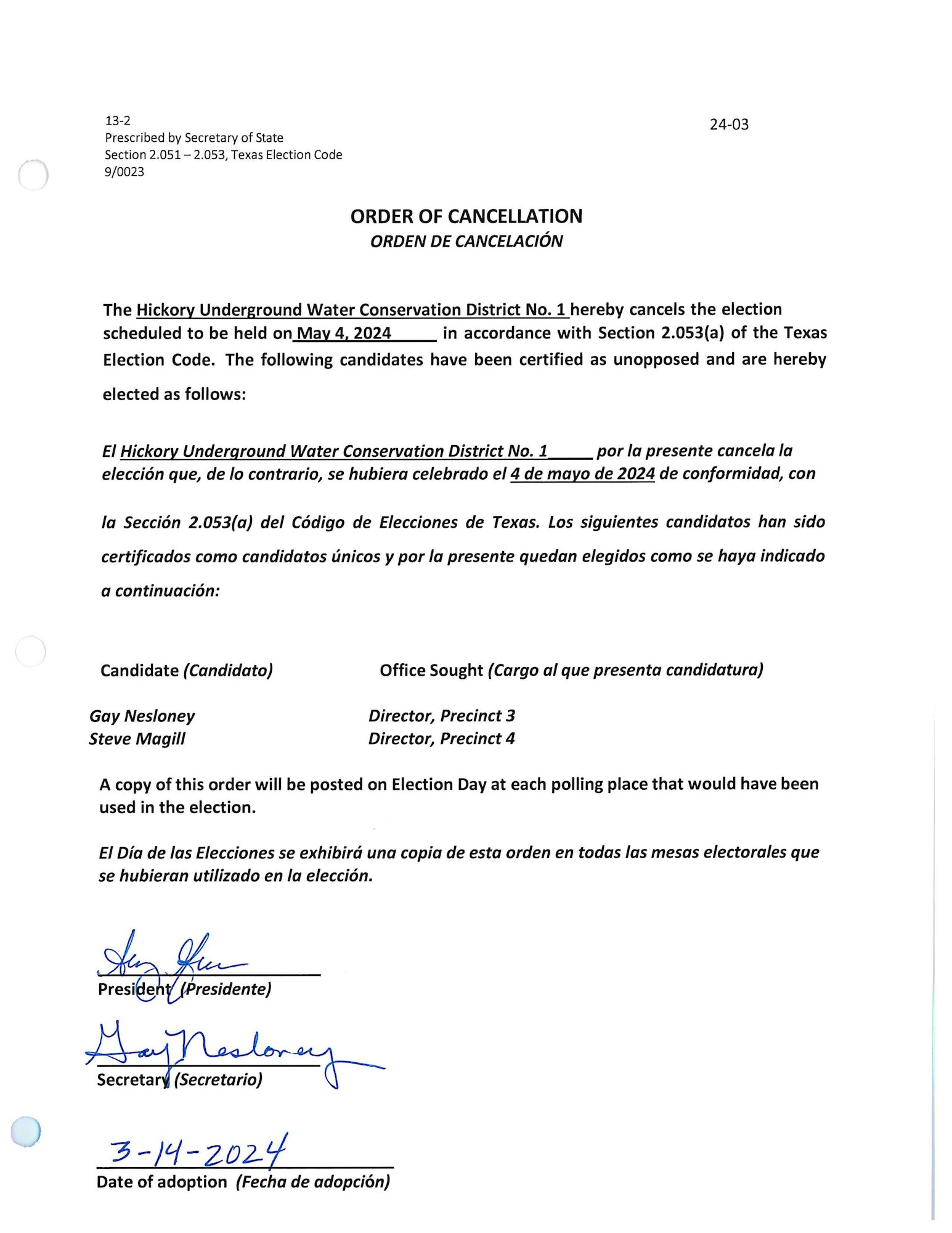 Election cancellation document for Hickory Underground Water Conservation District with two unopposed candidates declared elected.
