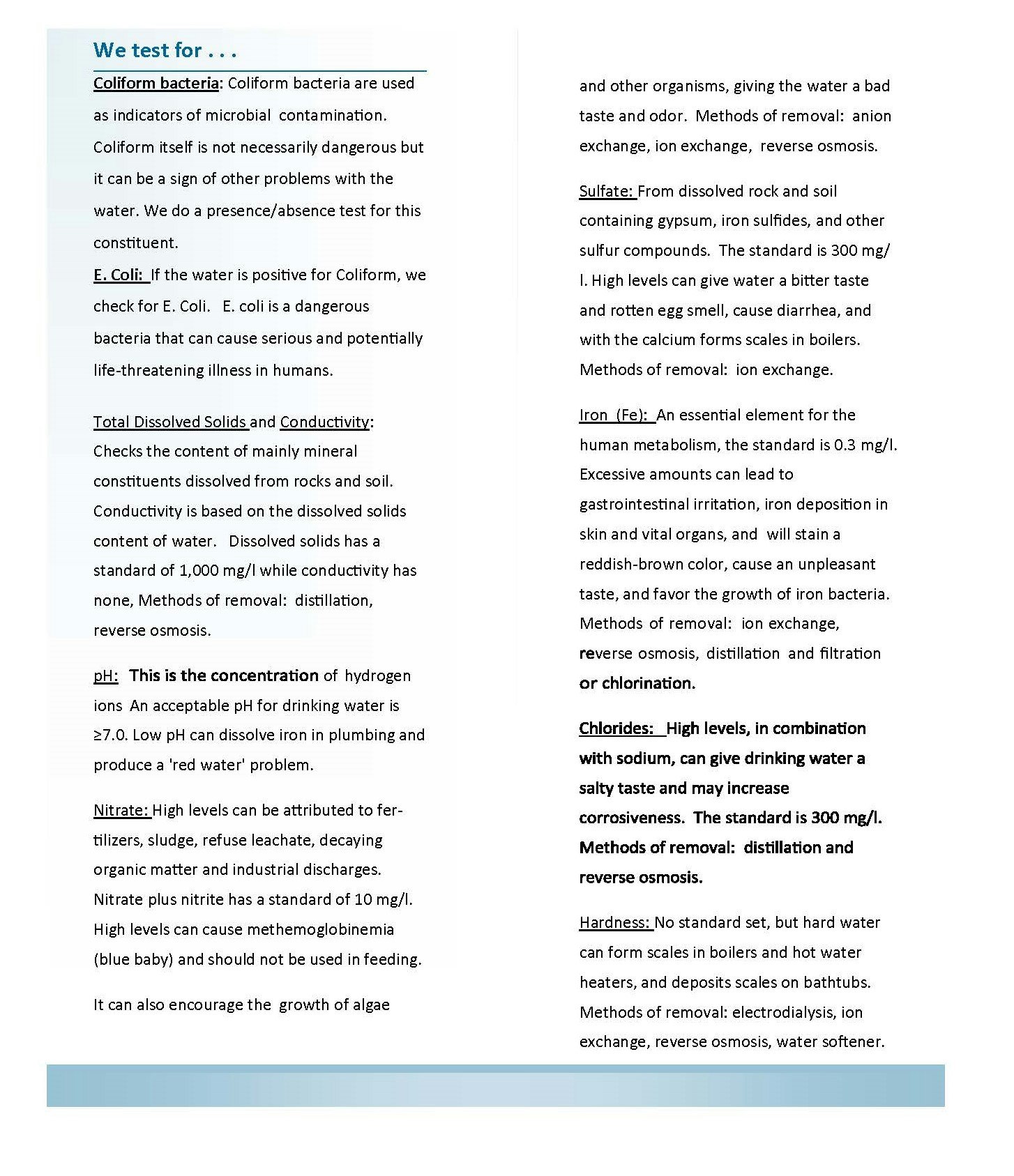 The image shows a document detailing various substances water is tested for, such as coliform bacteria, E. coli, and nitrates, including their effects and removal methods.