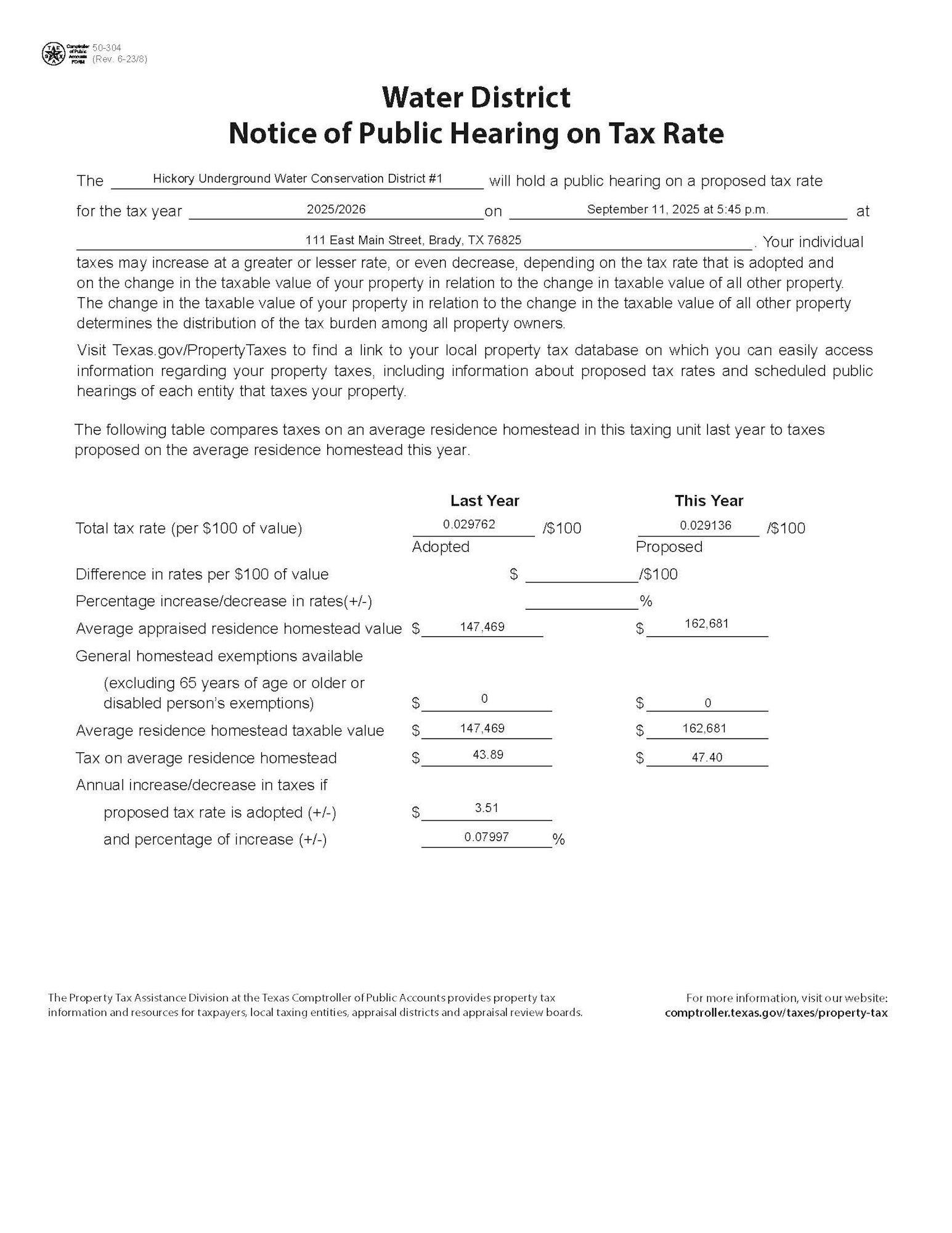 Notice of public hearing on tax rate for Hickory Underground Water District, discussing the proposed tax rate and changes for 2025/2026.