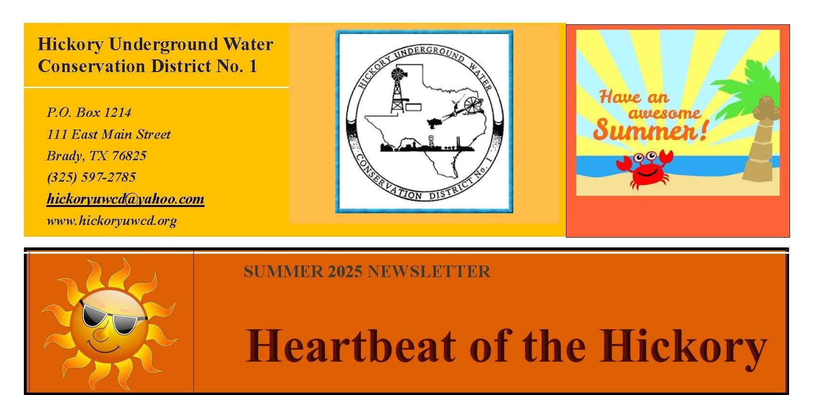 Newsletter with contact info for Hickory Underground Water Conservation District, summer theme, and "Heartbeat of the Hickory."