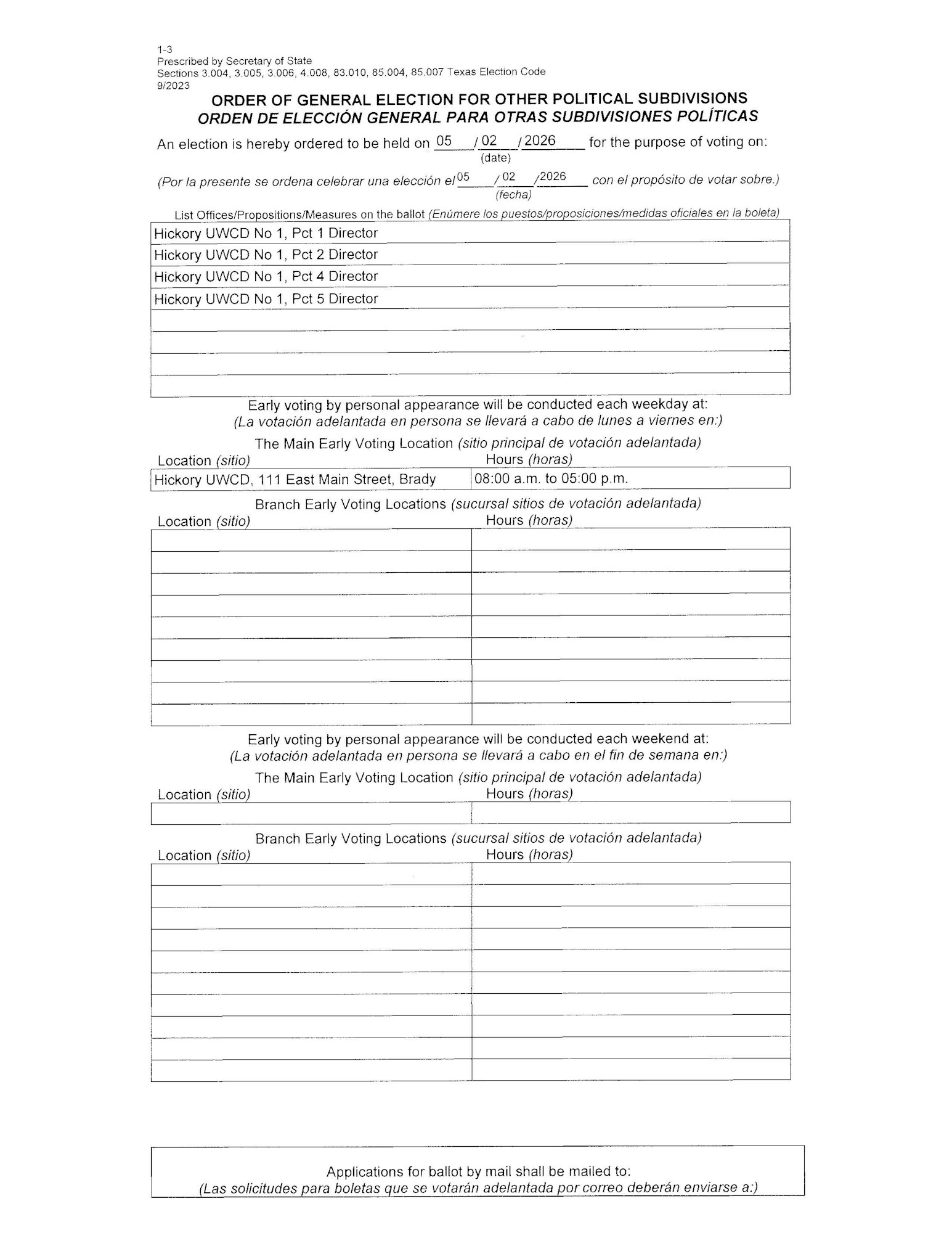 This document outlines an upcoming election in 2026, including early voting locations and details for ballot applications.