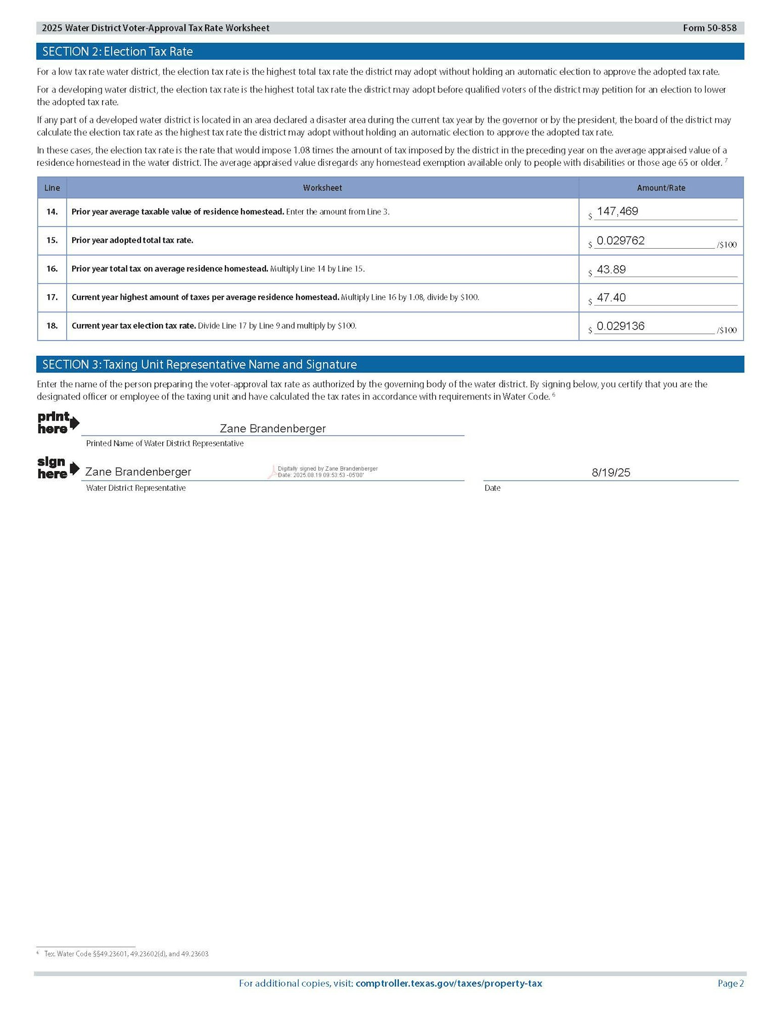 Tax worksheet detailing election tax rate calculations and representative signature for a water district in 2025.