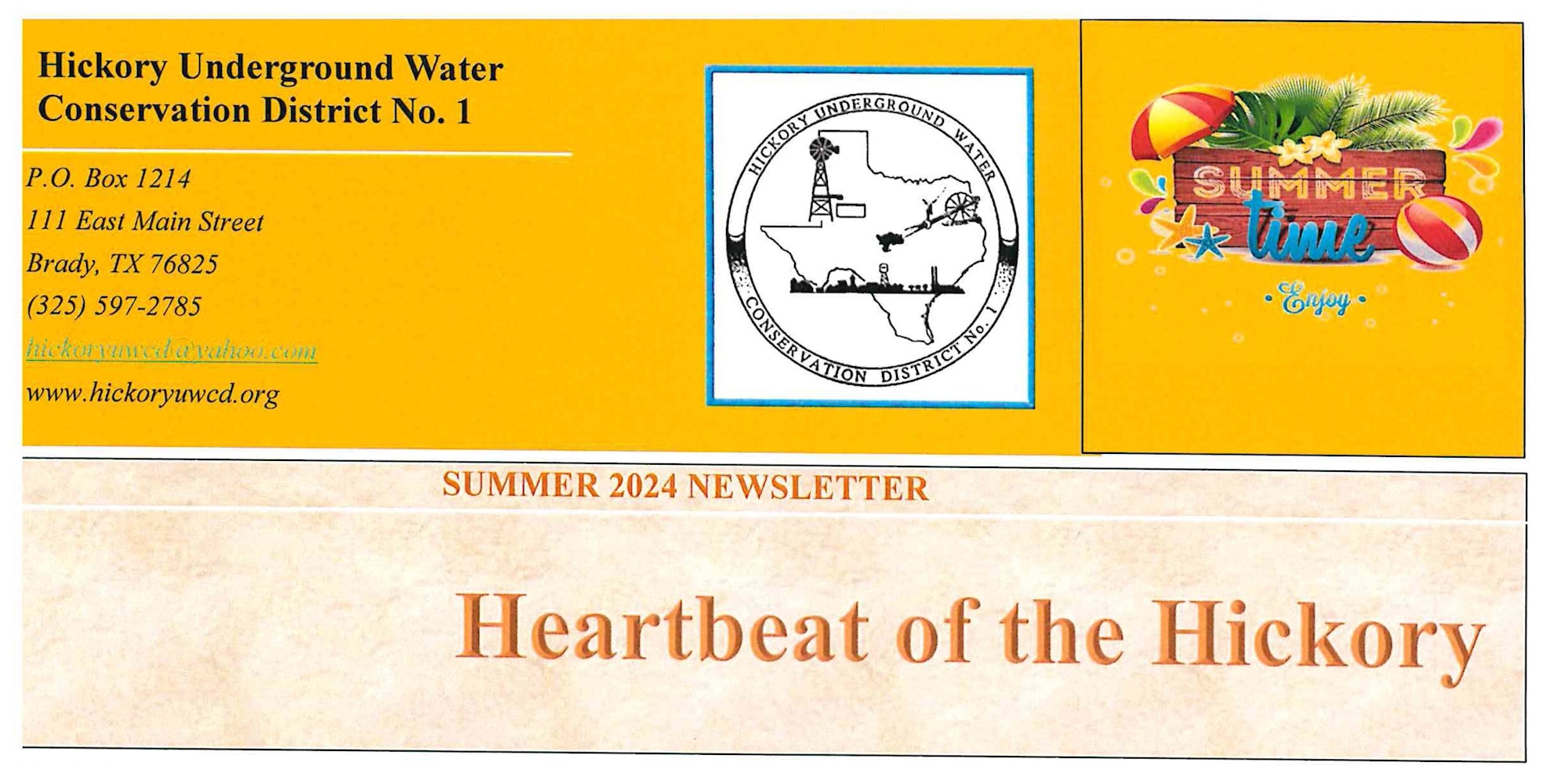 A colorful flyer for "Hickory Underground Water Conservation District No. 1" with a summertime theme and contact details.