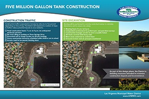 Map and instructions for a construction project of a five-million-gallon tank, detailing traffic and site excavation info.