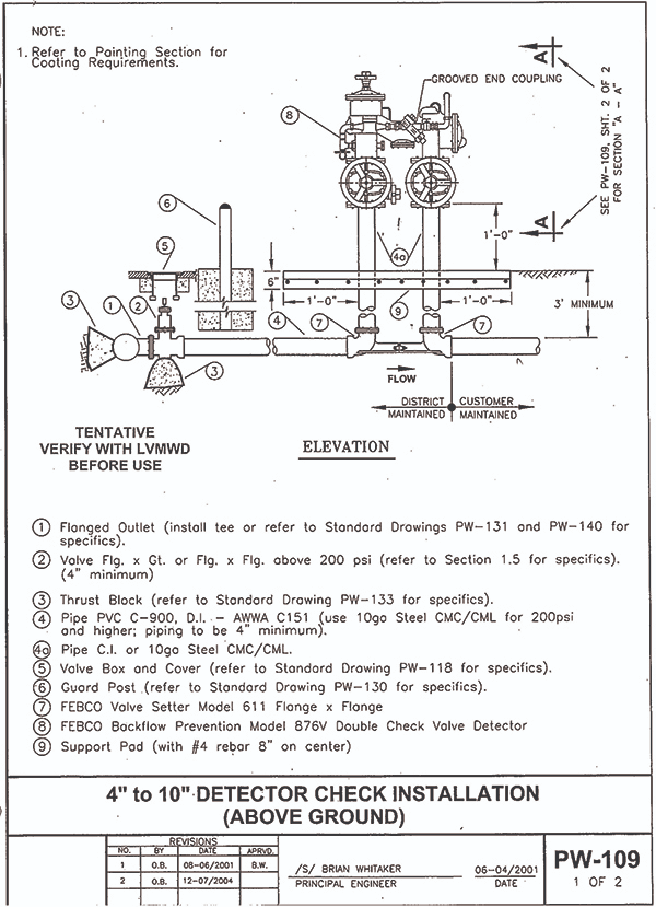 Diagram of a 4" to 10" detector check installation with labeled components for water flow and maintenance instructions.