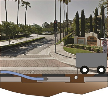 A street scene with a traffic light, trees, and a landscaping truck; below, an underground pipeline layout is illustrated.