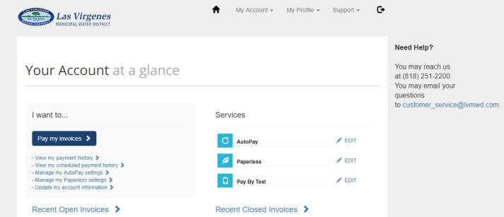 Account dashboard for Las Virgenes Municipal Water District with options for billing and service management.