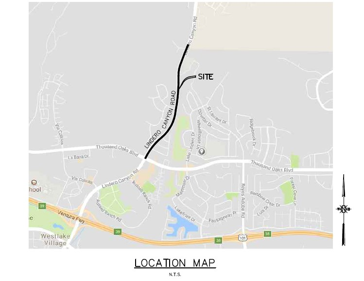 Map showing Lindero Canyon Road and a site location near Thousand Oaks Blvd in Westlake Village.
