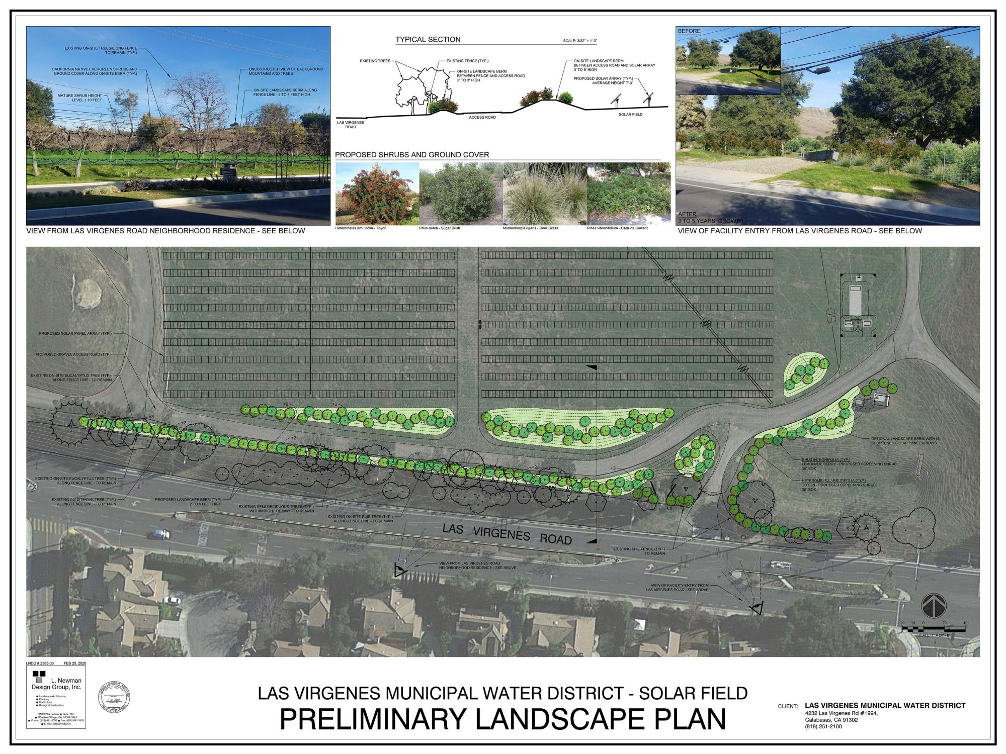 Preliminary landscape plan for Las Virgenes Municipal Water District solar field, featuring proposed vegetation and site layout.