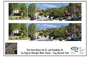 Before-and-after comparison of a street view for a proposed reservoir tank project, showing landscape changes.