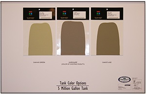 Color samples labeled "Olive Green," "Dreamweave," and "Camouflage" for a 5 million gallon tank.