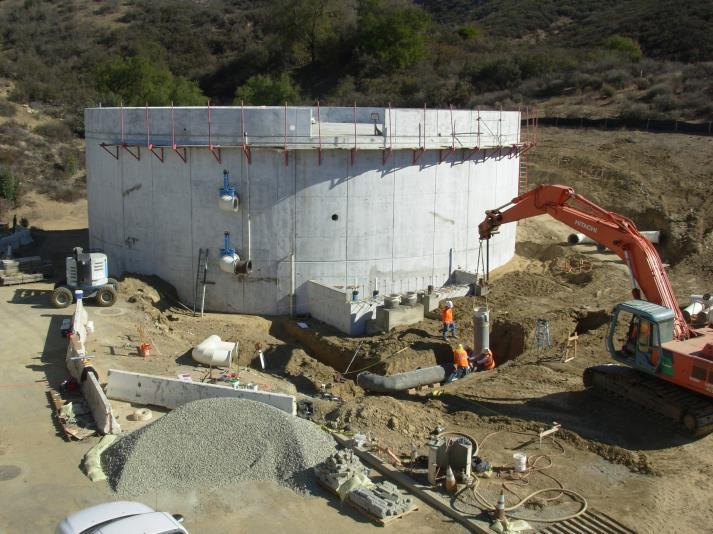 A construction site with a large circular concrete structure, excavator, workers, and equipment.