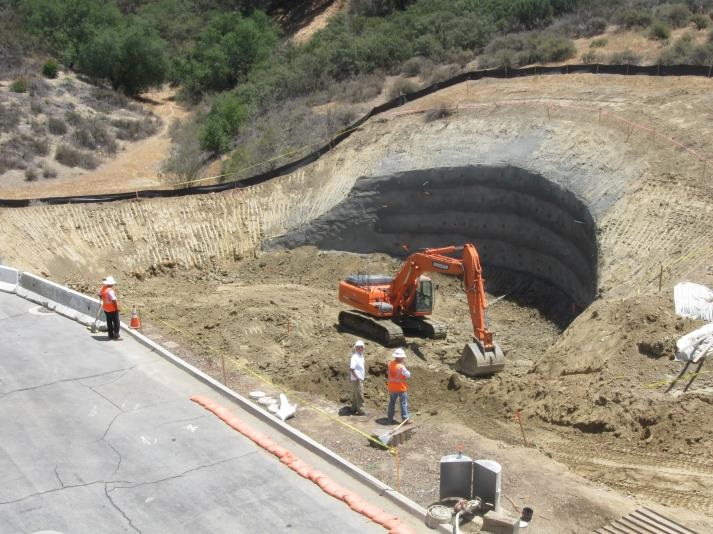 Construction site with an excavator digging earth; workers in hard hats and safety vests are present.