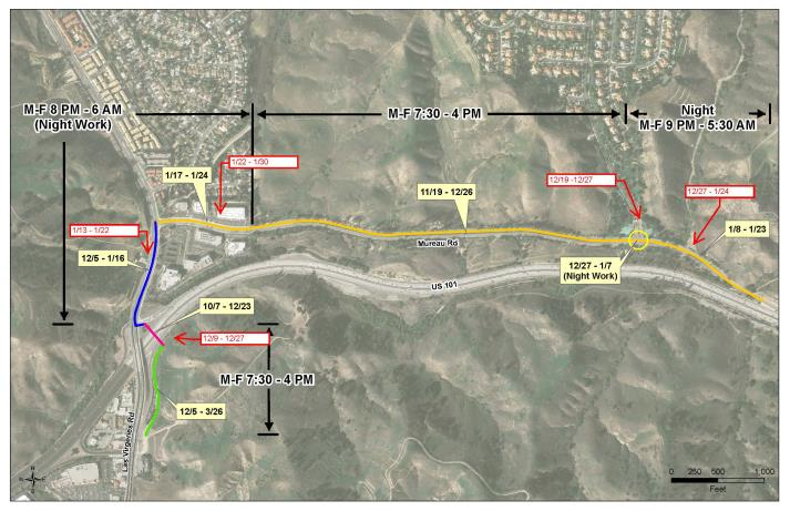Map with labeled work zones, dates, and times along a road; indicates construction schedules and night work hours.