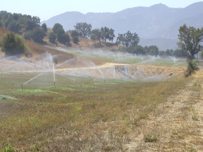 Field with multiple sprinklers watering grass, hills, and trees in the background.