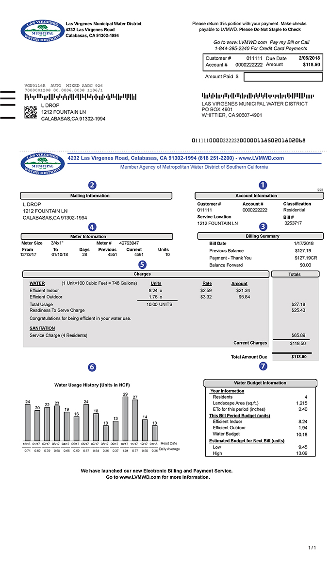 A water bill for $118.50 from Las Virgenes Municipal Water District, detailing usage and charges for a Calabasas address.