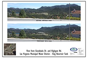 Two panoramic landscape views comparing scenes before and after the addition of a water tank, with text about a municipal water project.