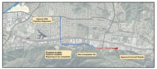 Map showing Agoura Hills pipeline alignment status: blue (completed) and red (not completed) sections labeled.
