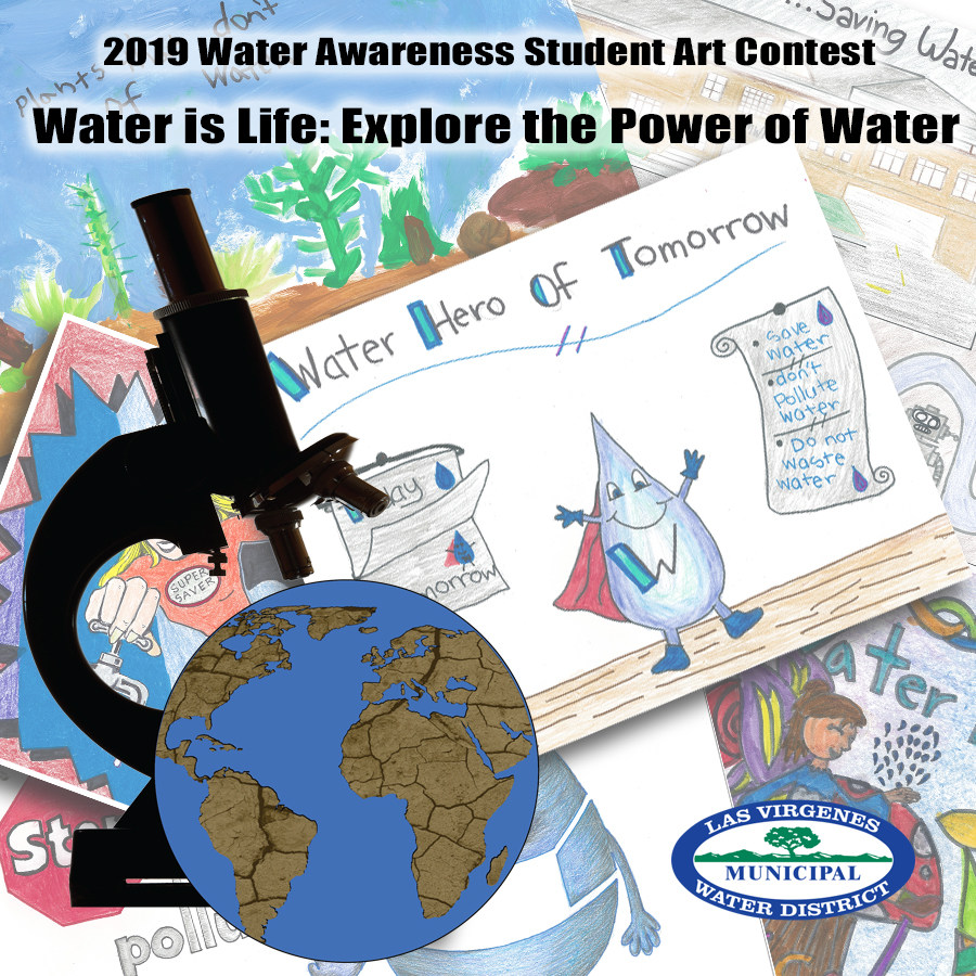 Collage with microscope, Earth, water-themed art, and contest text: "2019 Water Awareness Student Art Contest: Water is Life."
