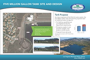 The image shows a design overview for a five million gallon water tank, with site maps and tank purpose details for water storage.