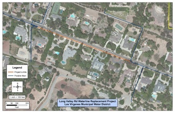 Map showing Long Valley Rd Waterline Replacement Project, depicting project limits and potable main in a residential area.