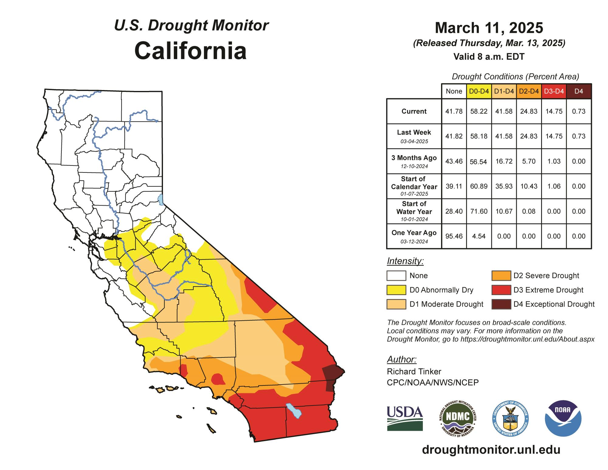 Map of California's drought conditions as of March 11, 2025, showing abnormally dry to exceptional drought areas.