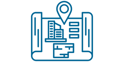 Map with a building design and a location pin on top.