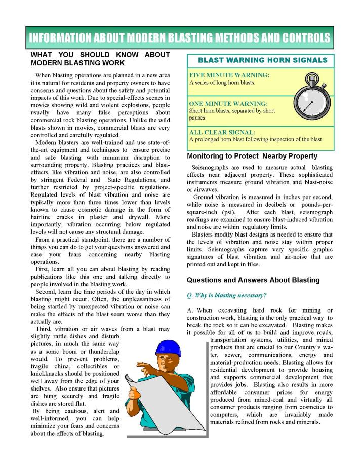 Flyer about modern blasting methods: safety, regulations, warning signals, and monitoring for property protection.