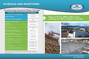 Schedule and milestones for water storage tank construction with images of progress. Completion set for July 2013.