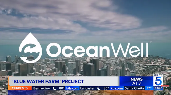 The image features the logo of OceanWell and mentions the 'Blue Water Farm' project against a city skyline backdrop.