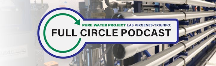 "Pure Water Project Full Circle Podcast" written on machinery background.