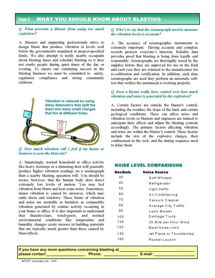 Page about blasting safety: vibration control, seismograph accuracy, factors affecting noise, and noise level comparison chart.