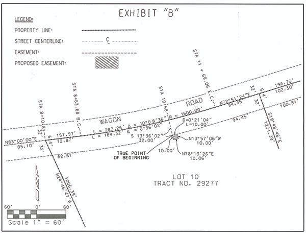 Map of Lot 10, Tract No. 29277 with property lines, street centerline, easements on Wagon Road. Scale 1" = 60'.