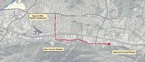 Map showing Agoura Hills Pipeline Alignment with a planned 16-inch pipeline along Agoura & Cornell roads.
