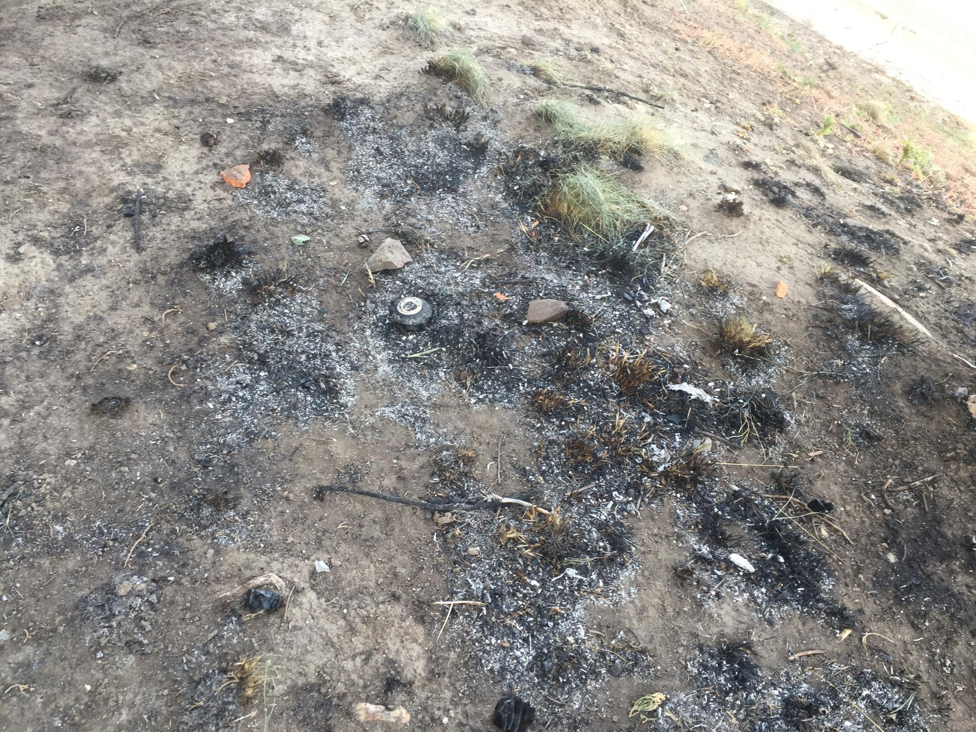 Charred ground with scattered grass patches and blackened debris.