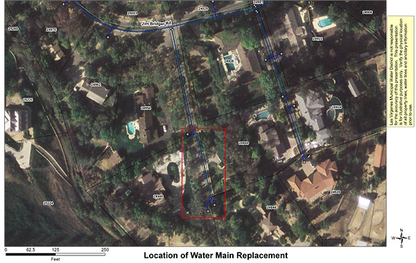 Aerial map showing location for water main replacement, with highlighted area and surrounding properties marked.
