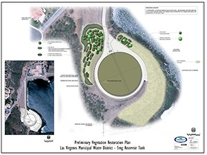 Preliminary vegetation restoration plan for a reservoir, including landscaping details and location map.