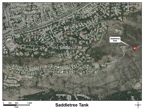Aerial map showing Saddletree Tank area with road labels and surrounding residential neighborhood.