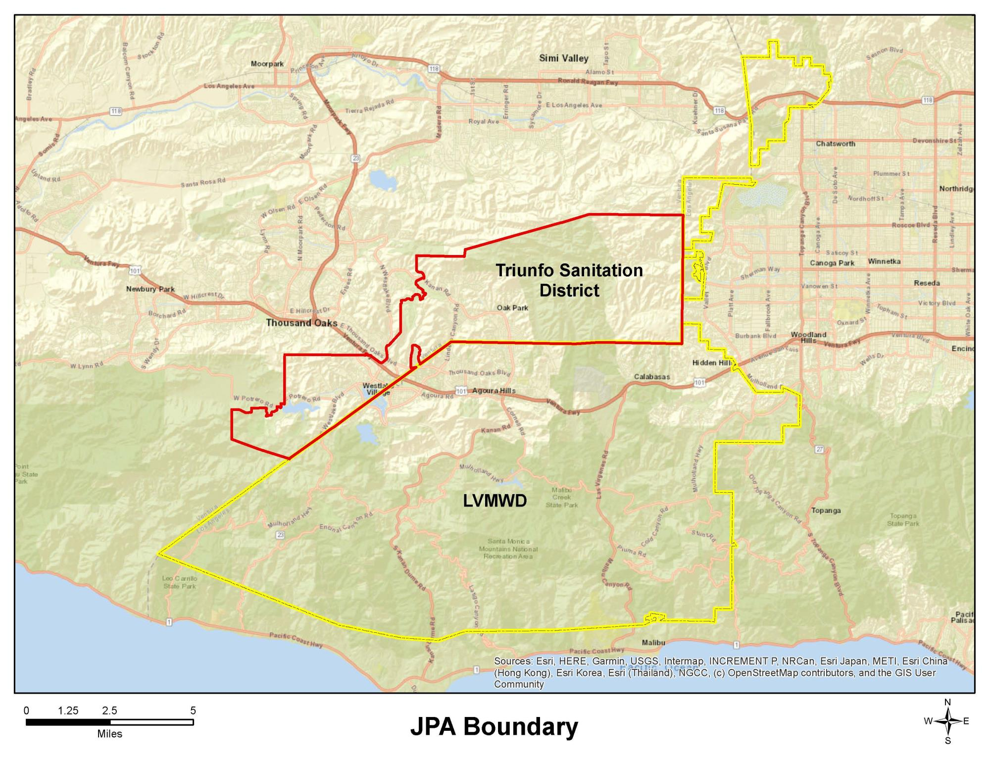 Map showing Triunfo Sanitation District in red and LVMWD area in yellow with specific boundaries and locations.