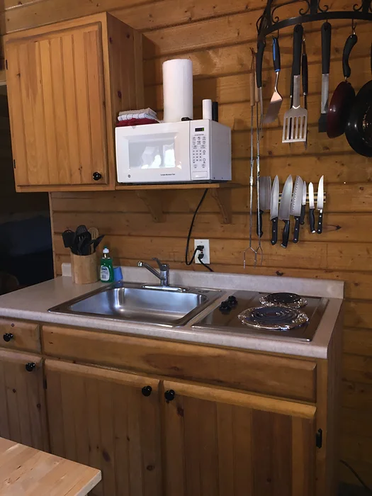 A small kitchen setup with sink, stove, microwave, knife set, and hanging utensils against a wooden wall.